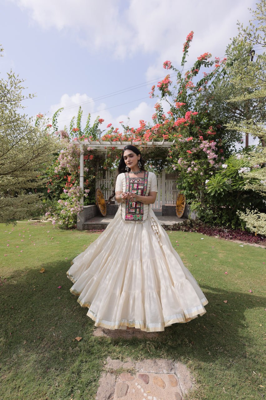 White Kora Cotton Kutchi Work Lehenga Choli Set