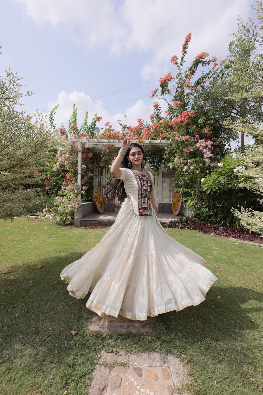 White Kora Cotton Kutchi Work Lehenga Choli Set