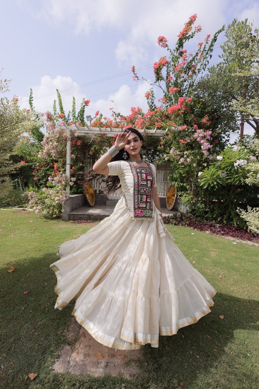 White Kora Cotton Kutchi Work Lehenga Choli Set