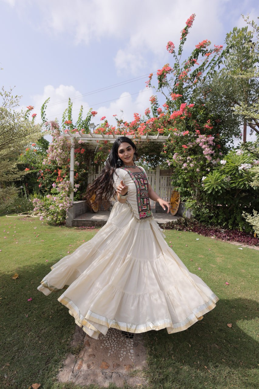 White Kora Cotton Kutchi Work Lehenga Choli Set