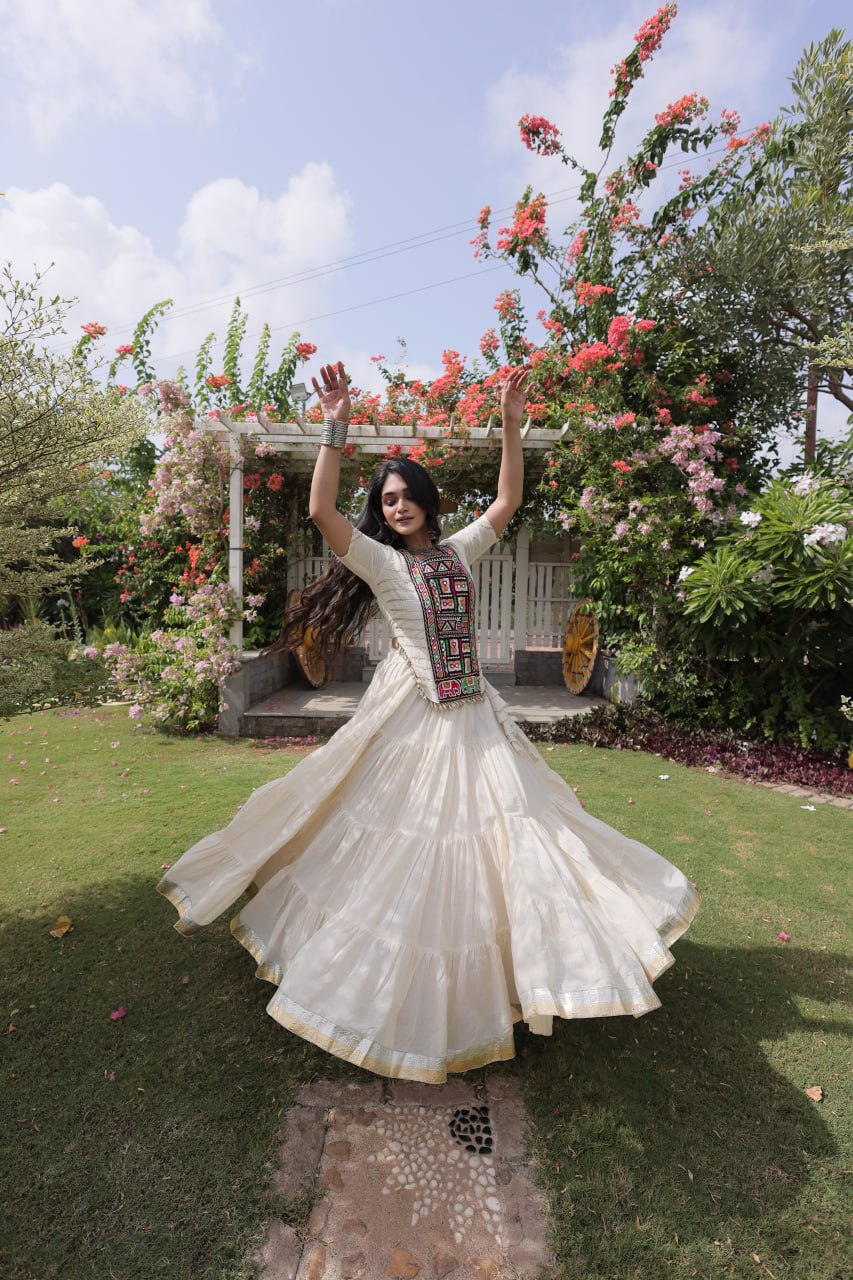 White Kora Cotton Kutchi Work Lehenga Choli Set