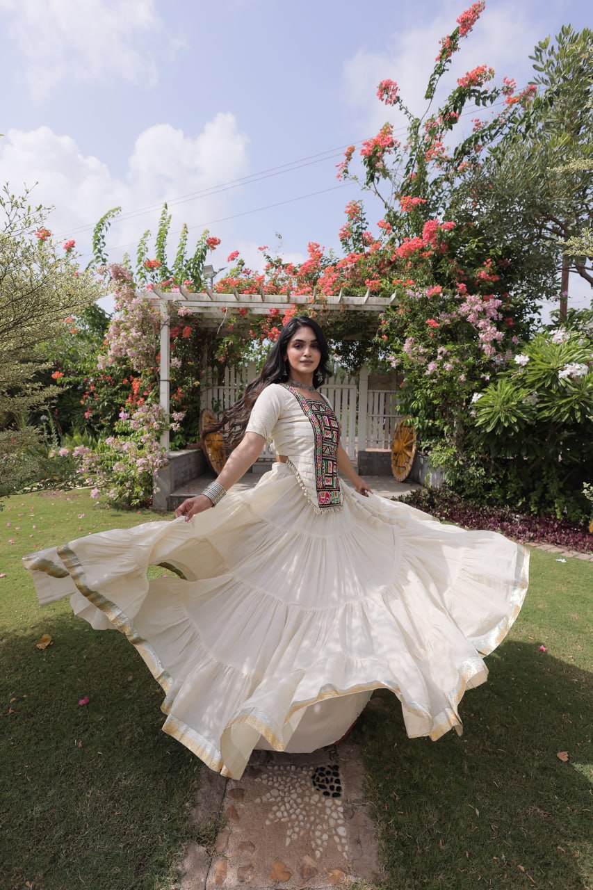 White Kora Cotton Kutchi Work Lehenga Choli Set