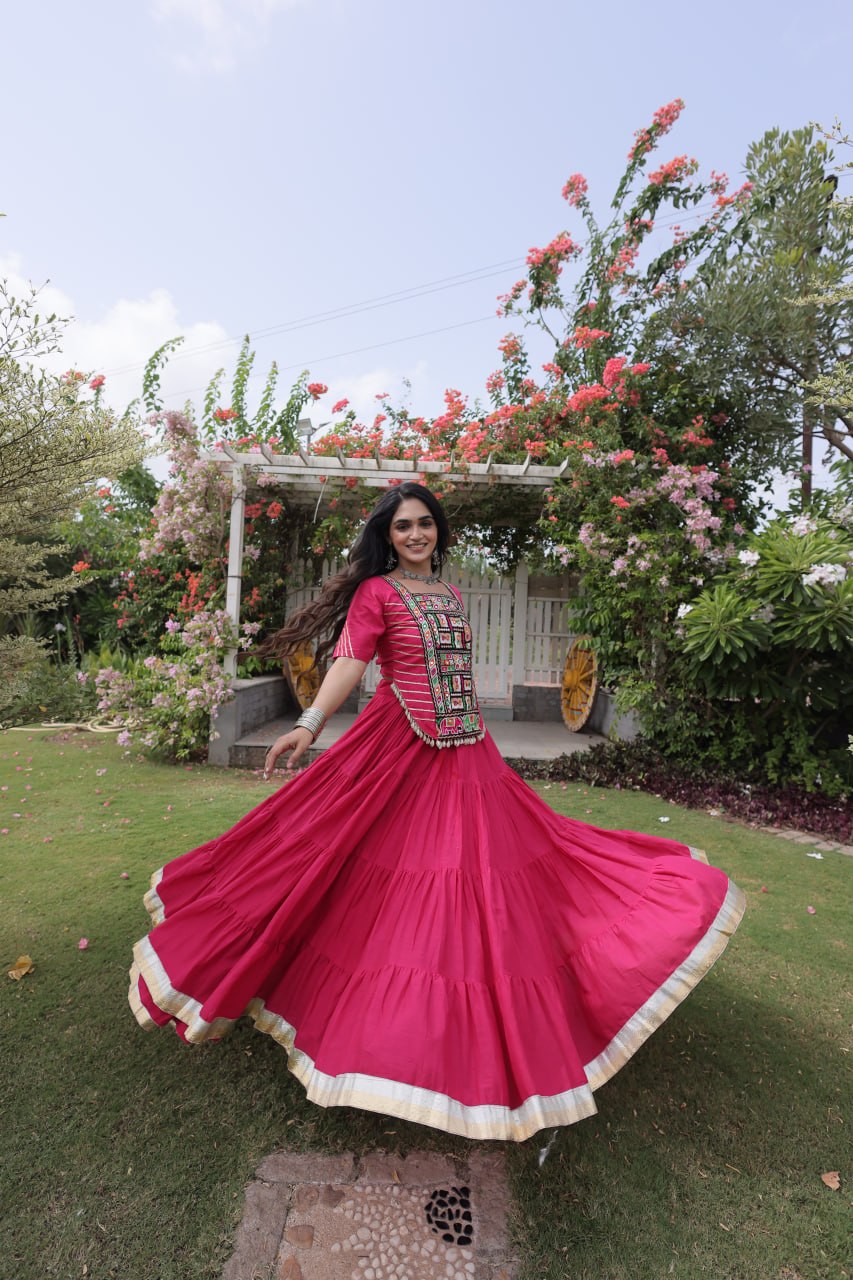 Pink Kora Cotton Kutchi Work Lehenga Choli Set