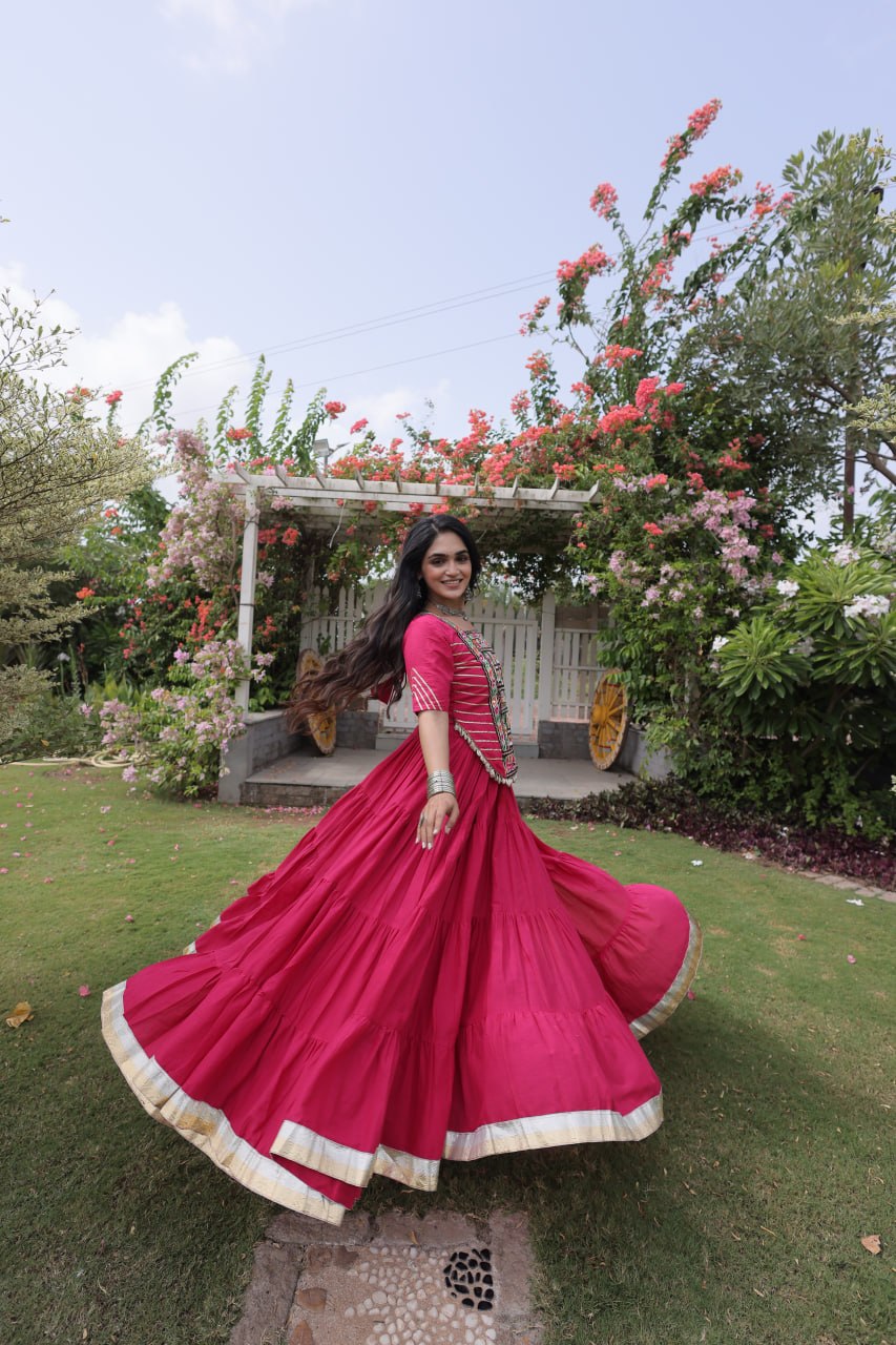 Pink Kora Cotton Kutchi Work Lehenga Choli Set