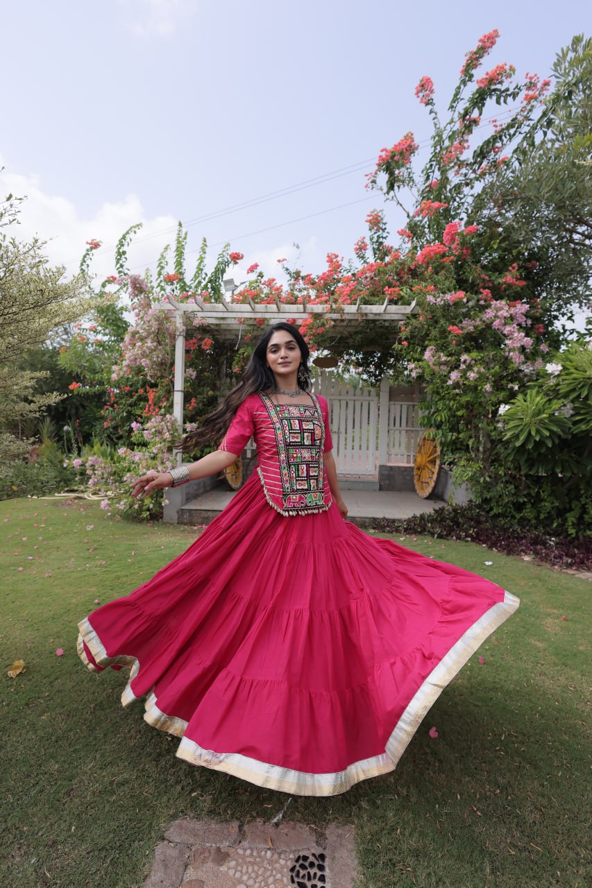 Pink Kora Cotton Kutchi Work Lehenga Choli Set