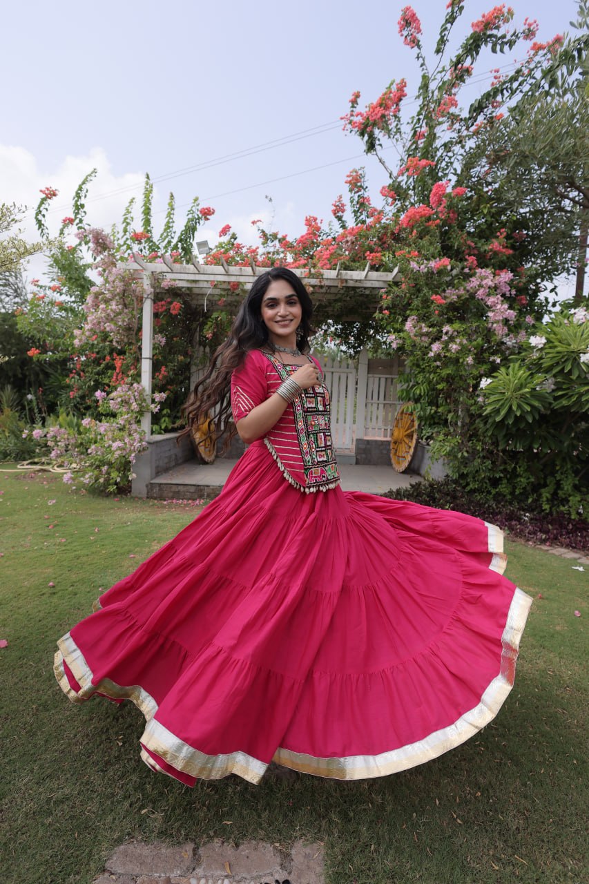 Pink Kora Cotton Kutchi Work Lehenga Choli Set