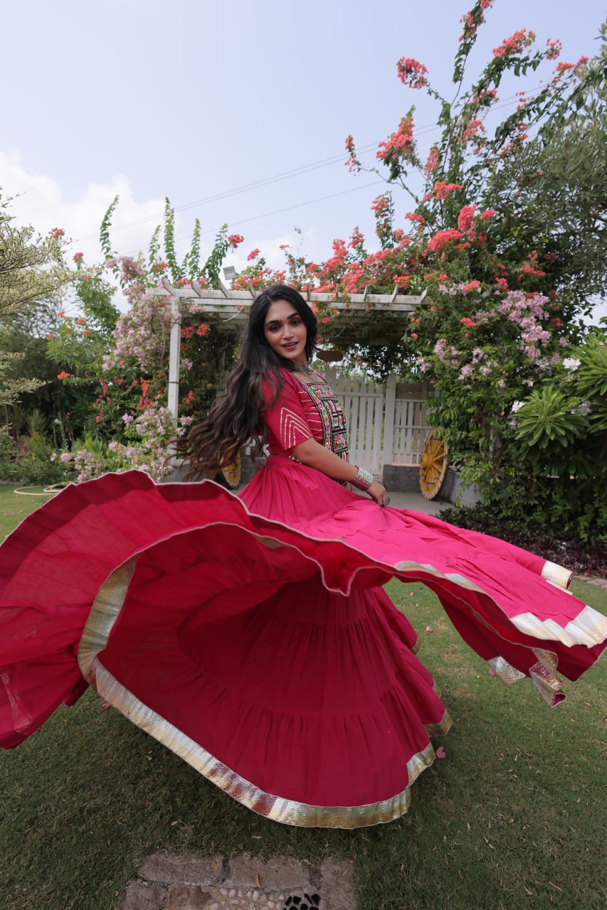 Pink Kora Cotton Kutchi Work Lehenga Choli Set