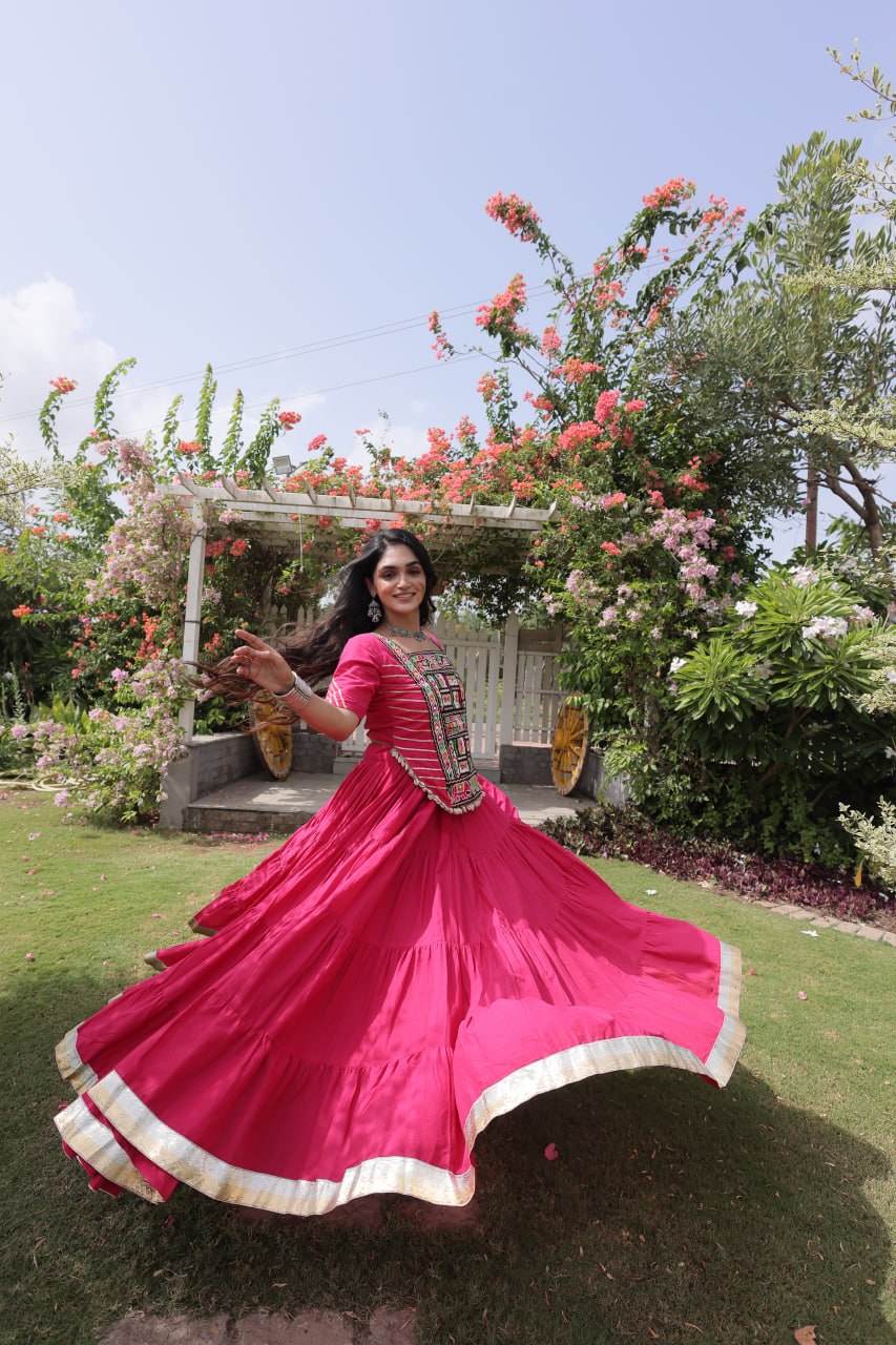 Pink Kora Cotton Kutchi Work Lehenga Choli Set