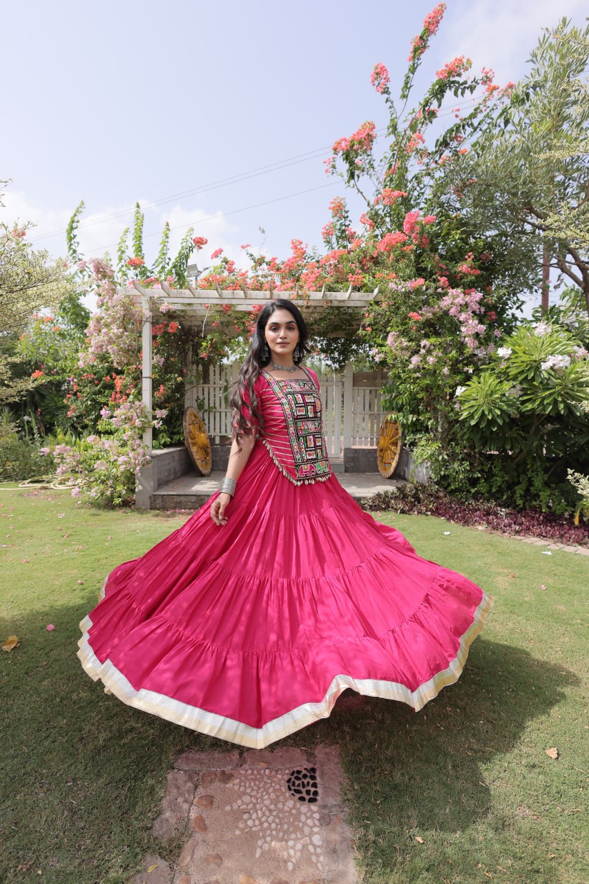 Pink Kora Cotton Kutchi Work Lehenga Choli Set
