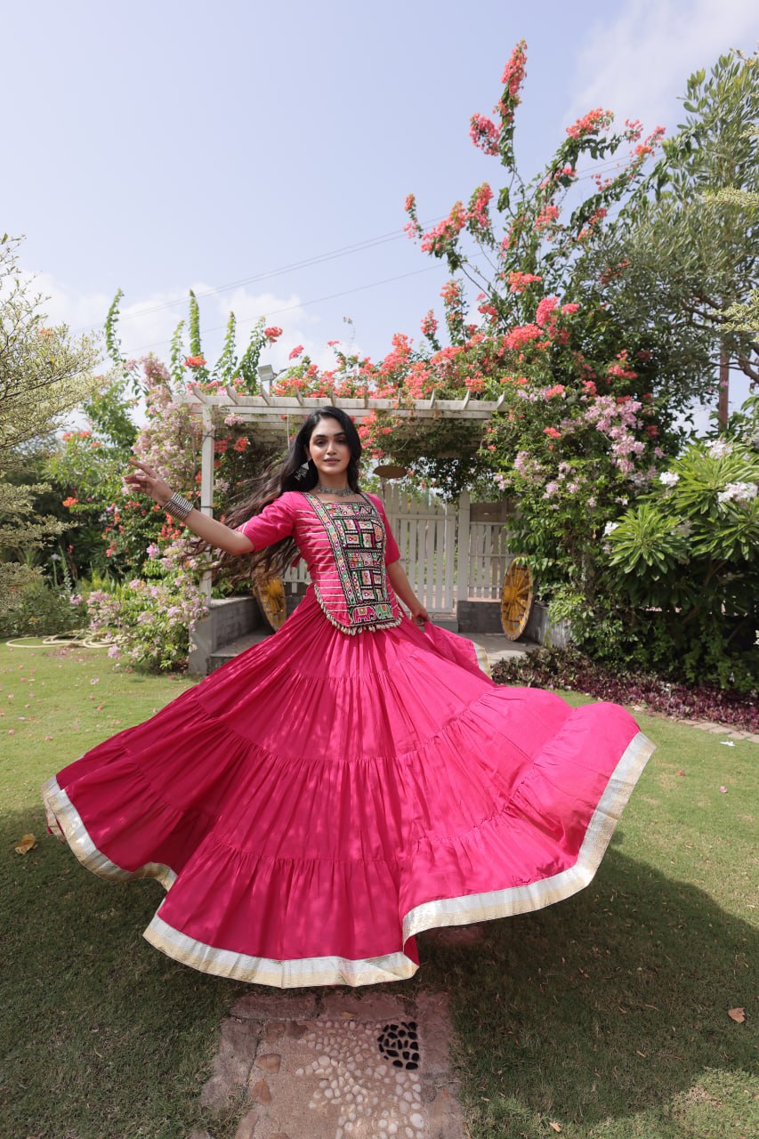 Pink Kora Cotton Kutchi Work Lehenga Choli Set