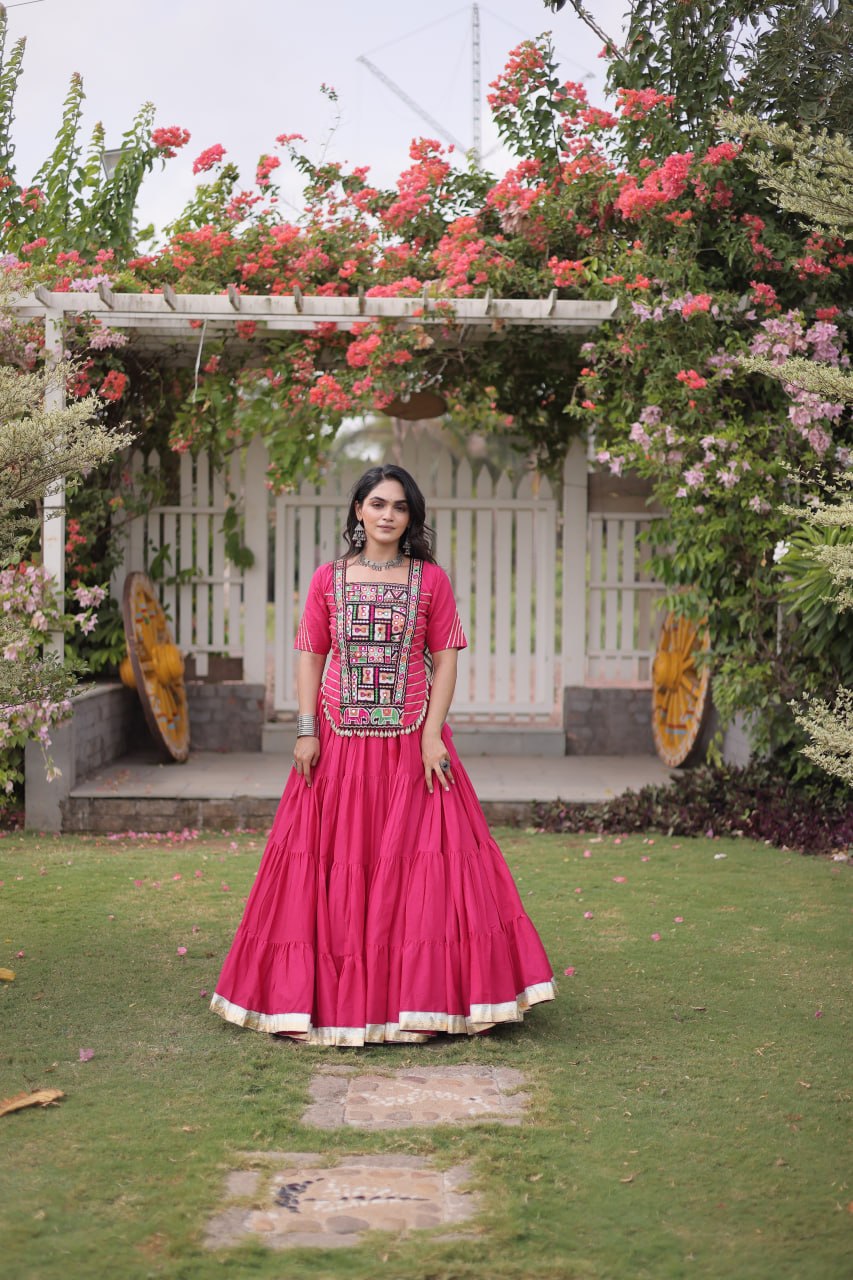 Pink Kora Cotton Kutchi Work Lehenga Choli Set