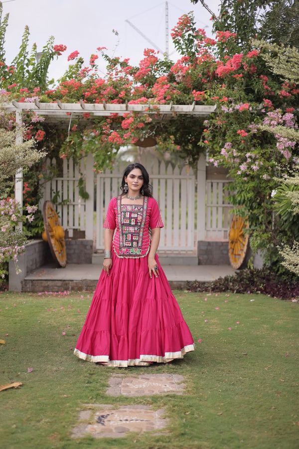 Pink Kora Cotton Kutchi Work Lehenga Choli Set
