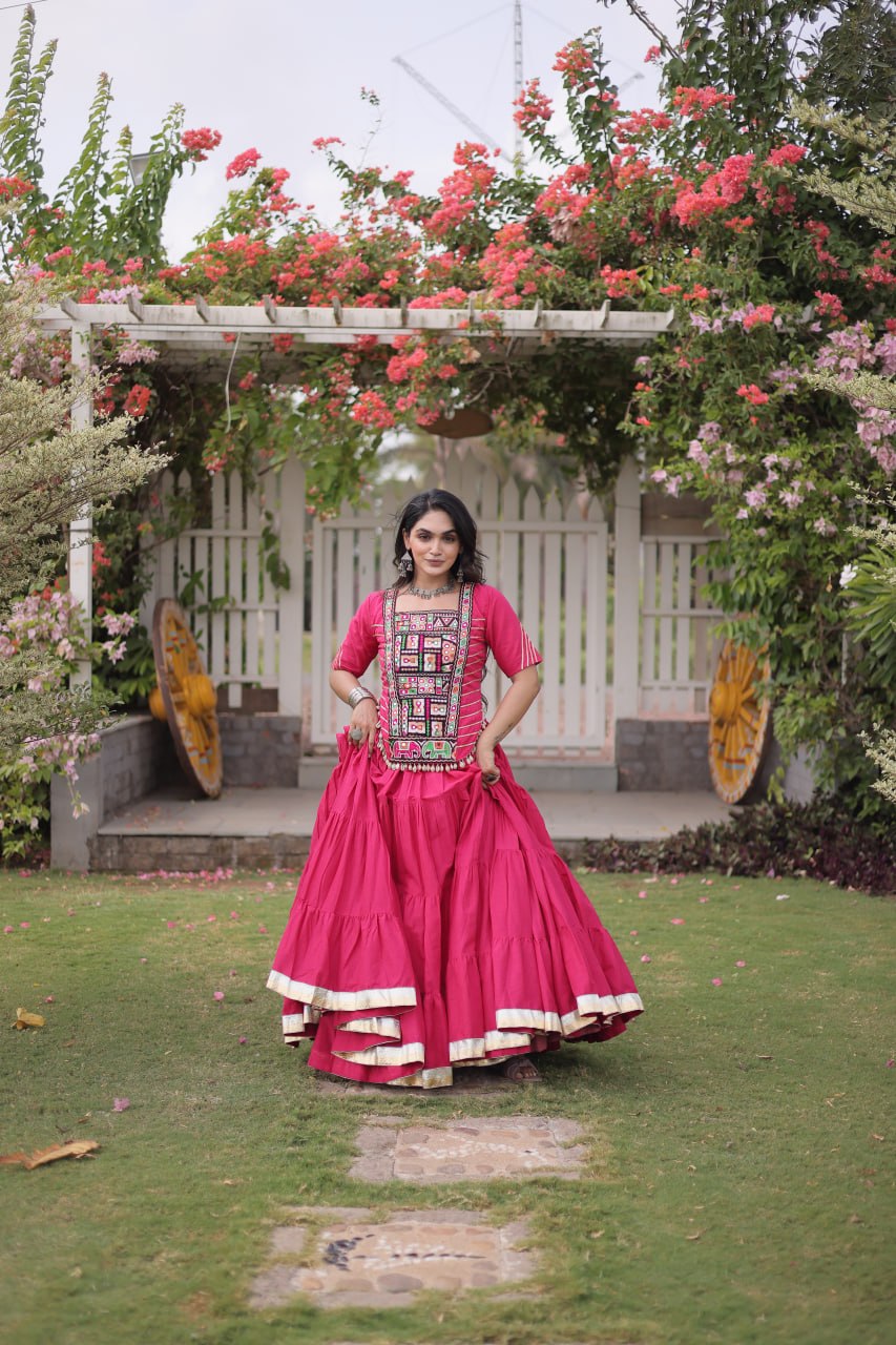 Pink Kora Cotton Kutchi Work Lehenga Choli Set