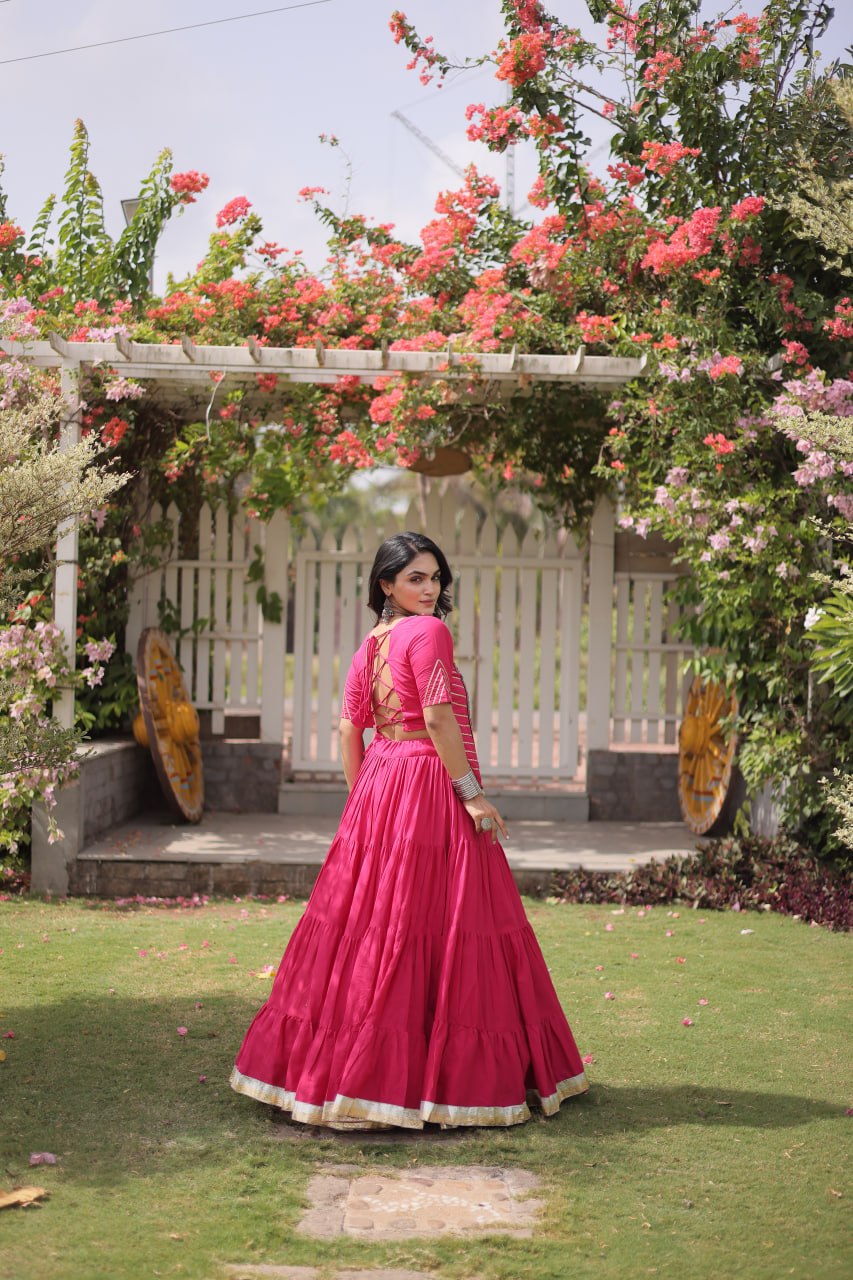 Pink Kora Cotton Kutchi Work Lehenga Choli Set