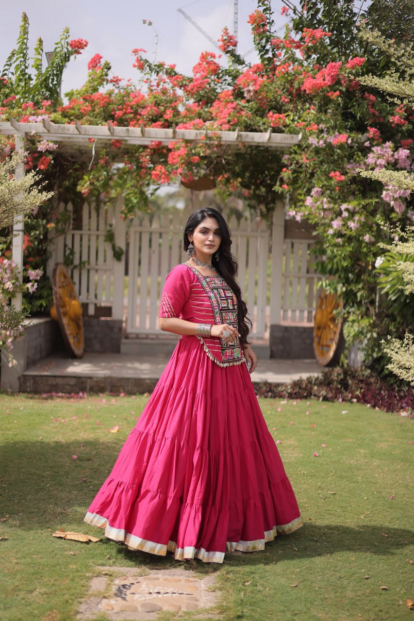 Pink Kora Cotton Kutchi Work Lehenga Choli Set