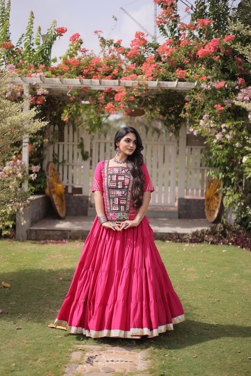 Pink Kora Cotton Kutchi Work Lehenga Choli Set