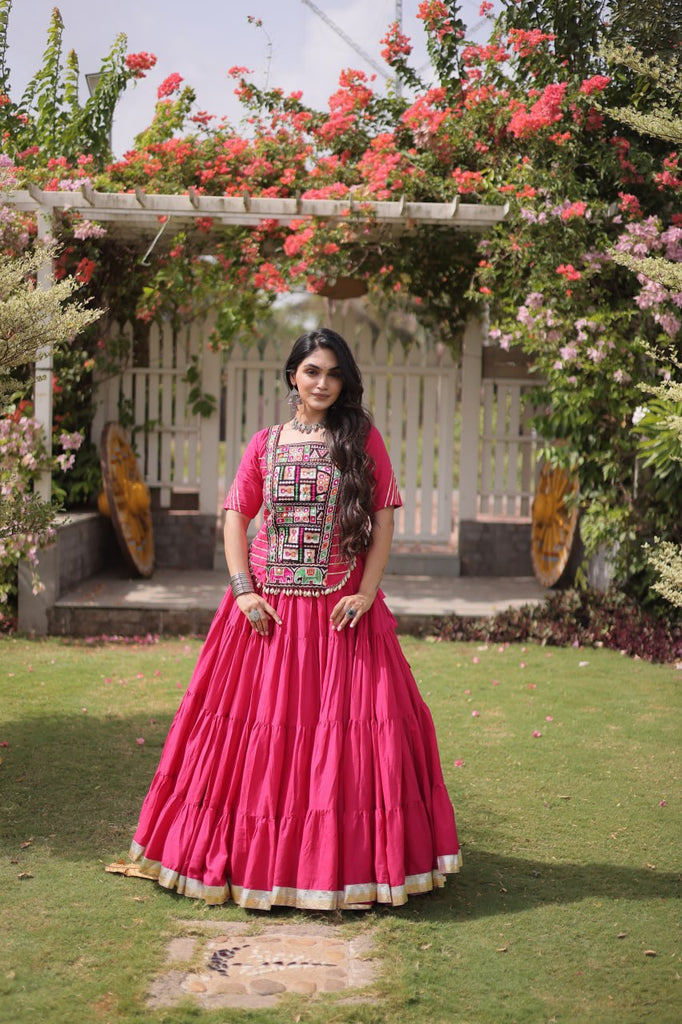 Pink Kora Cotton Kutchi Work Lehenga Choli Set