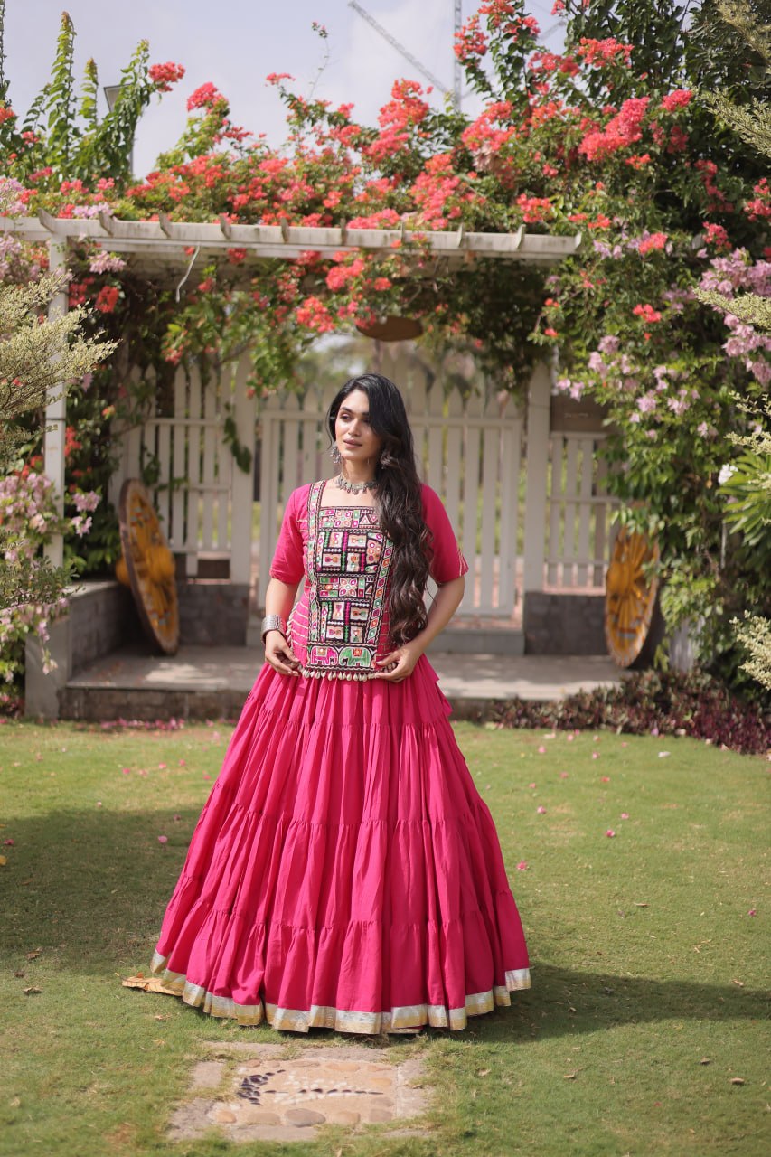 Pink Kora Cotton Kutchi Work Lehenga Choli Set