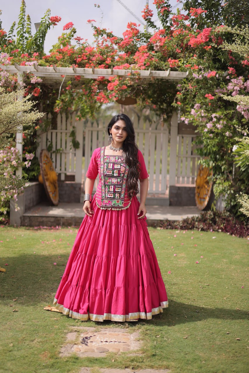 Pink Kora Cotton Kutchi Work Lehenga Choli Set