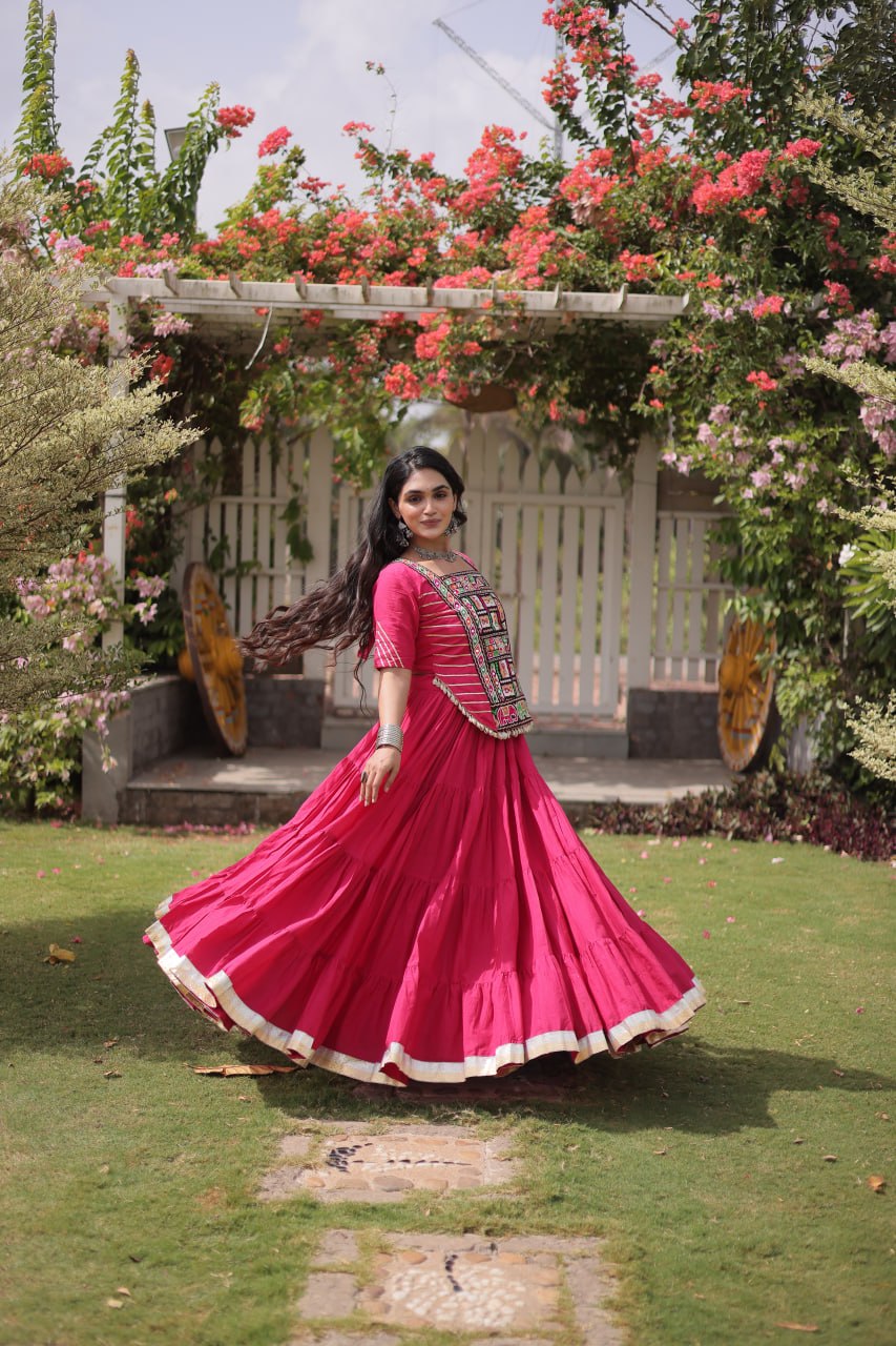 Pink Kora Cotton Kutchi Work Lehenga Choli Set