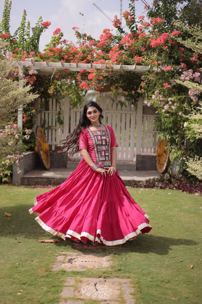 Pink Kora Cotton Kutchi Work Lehenga Choli Set