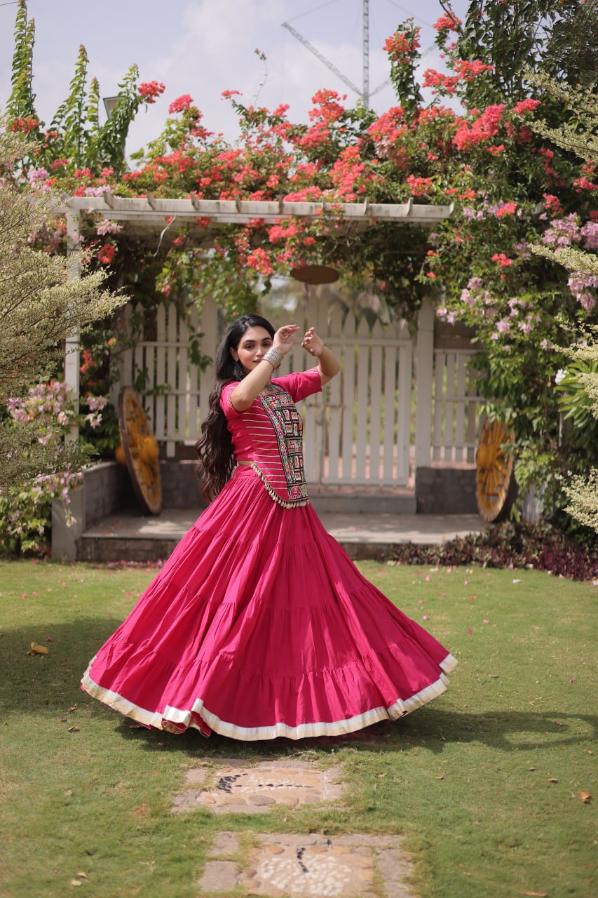 Pink Kora Cotton Kutchi Work Lehenga Choli Set