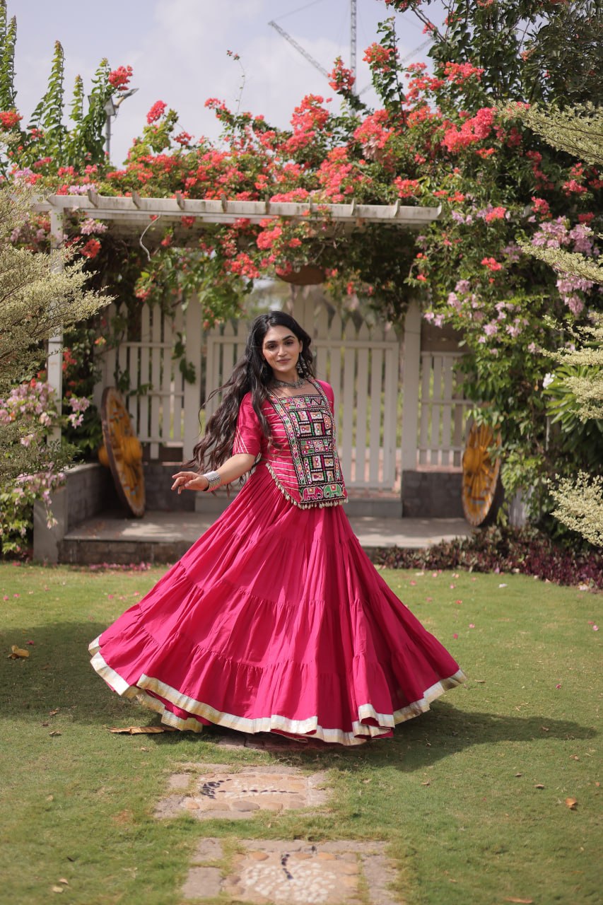 Pink Kora Cotton Kutchi Work Lehenga Choli Set
