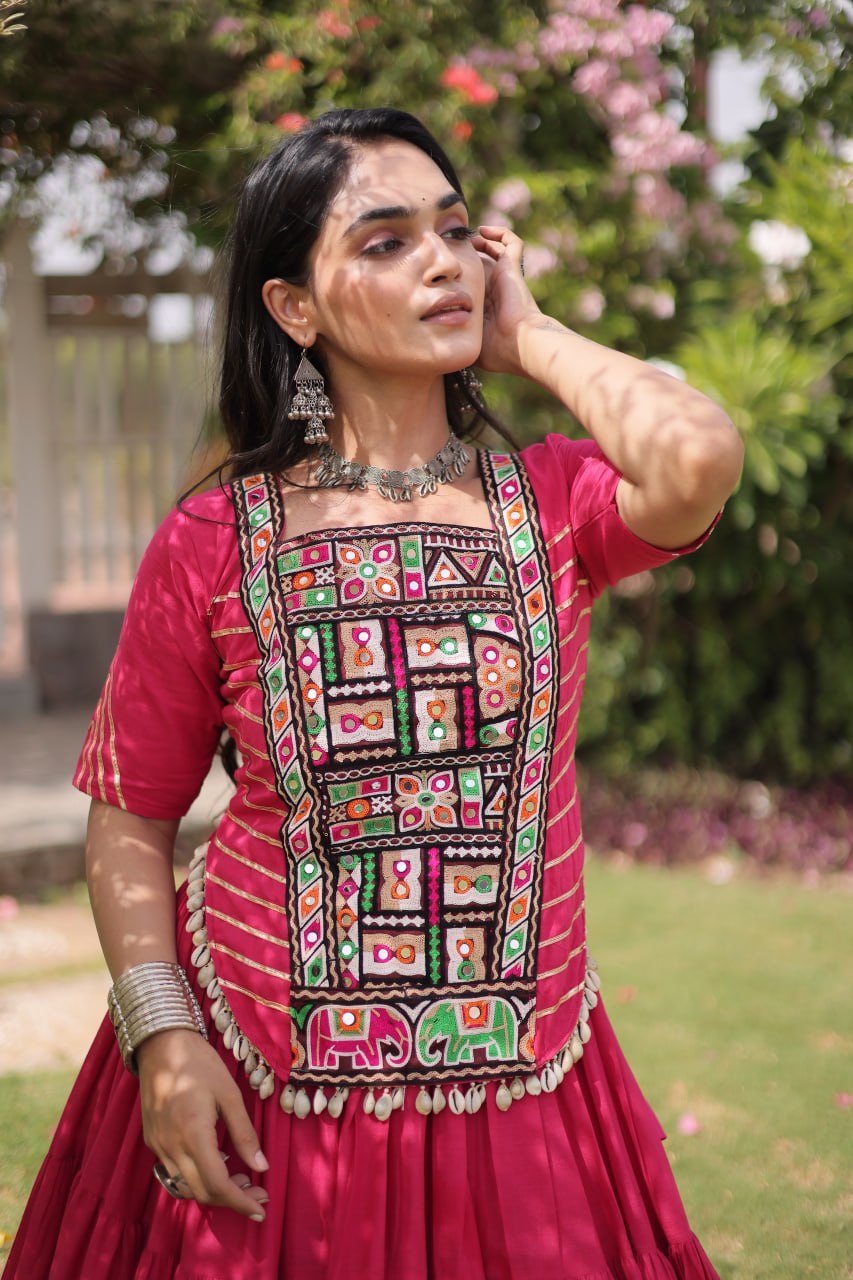 Pink Kora Cotton Kutchi Work Lehenga Choli Set