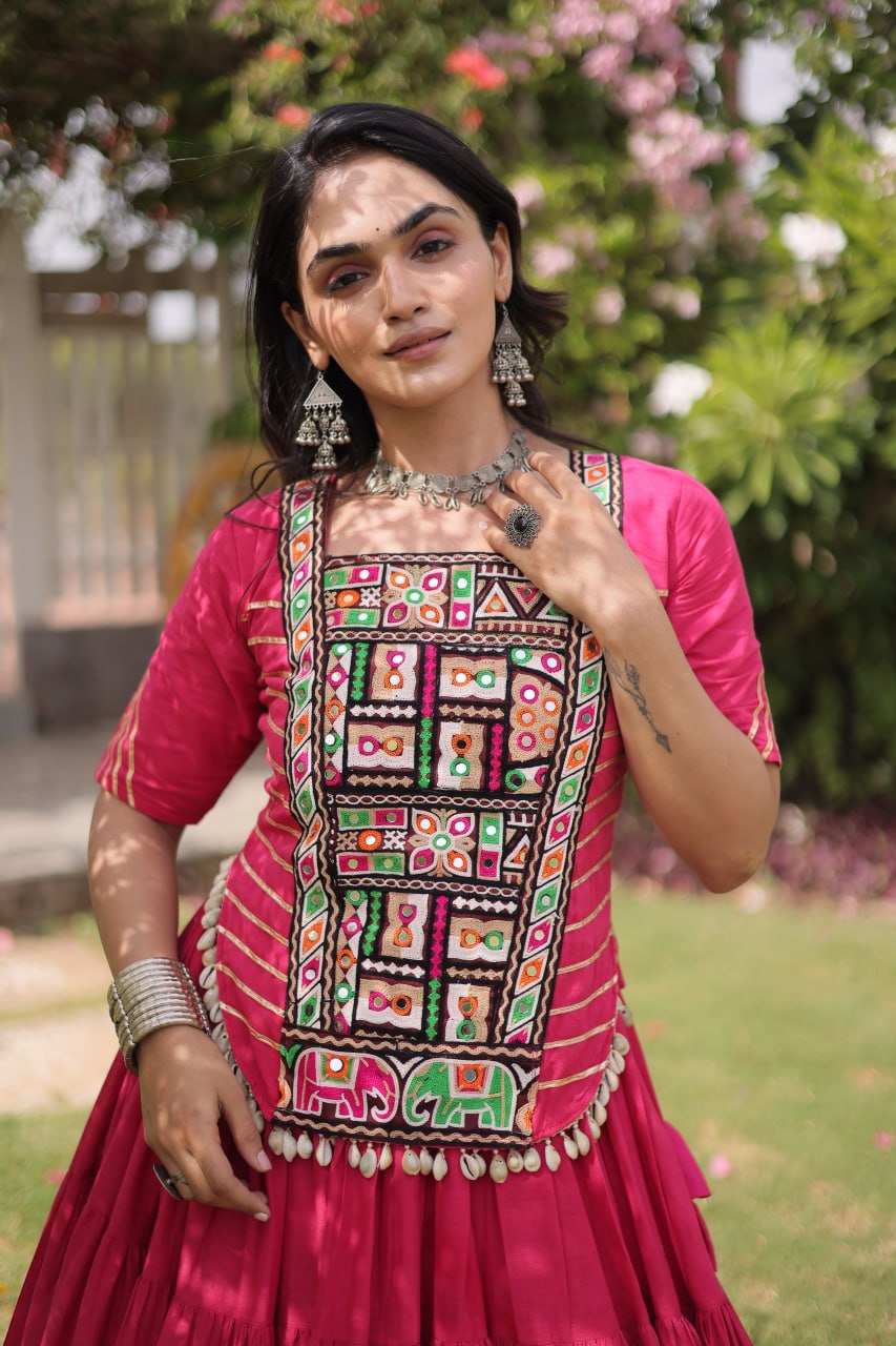 Pink Kora Cotton Kutchi Work Lehenga Choli Set