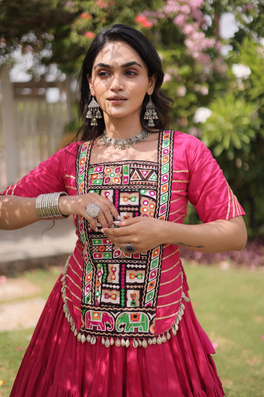 Pink Kora Cotton Kutchi Work Lehenga Choli Set