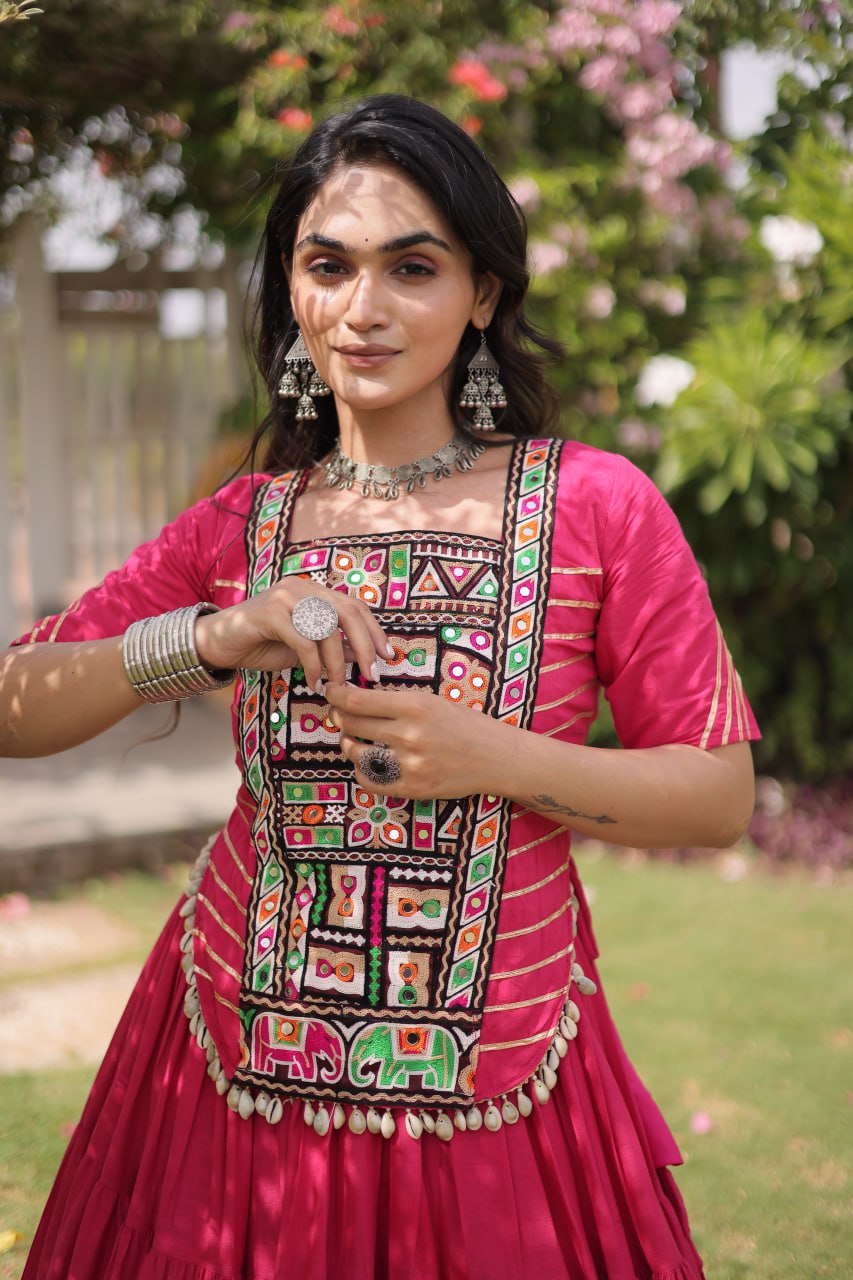 Pink Kora Cotton Kutchi Work Lehenga Choli Set