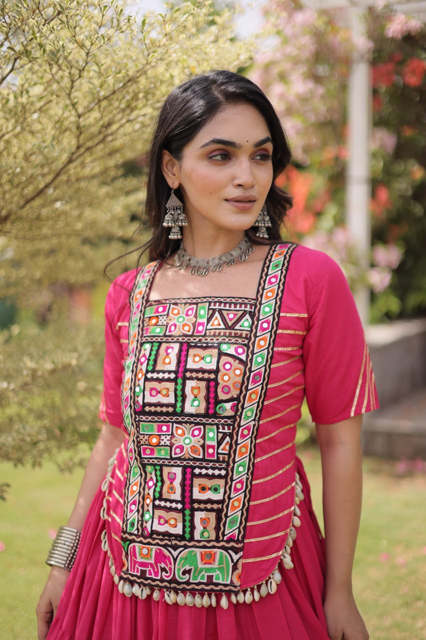 Pink Kora Cotton Kutchi Work Lehenga Choli Set