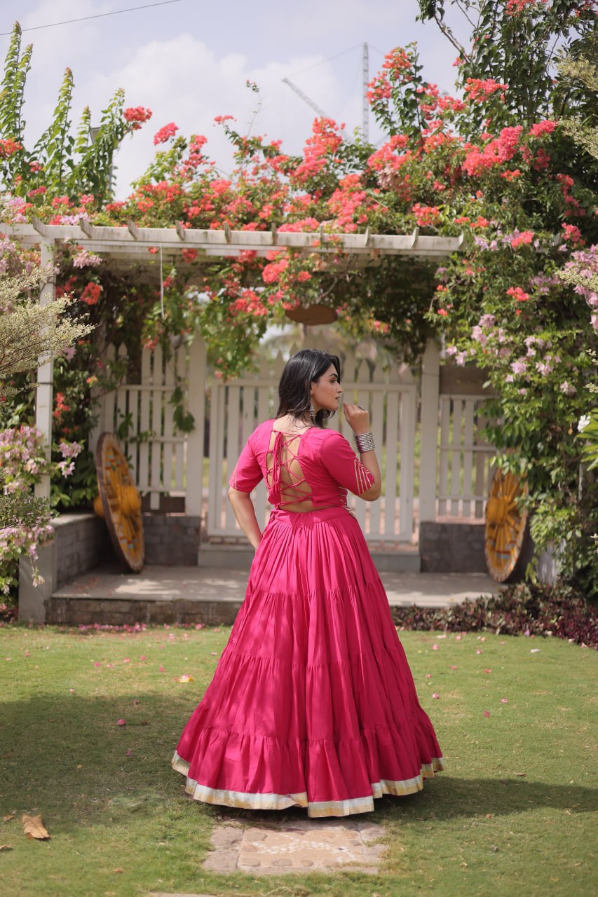 Pink Kora Cotton Kutchi Work Lehenga Choli Set