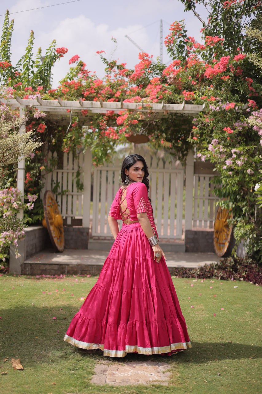 Pink Kora Cotton Kutchi Work Lehenga Choli Set