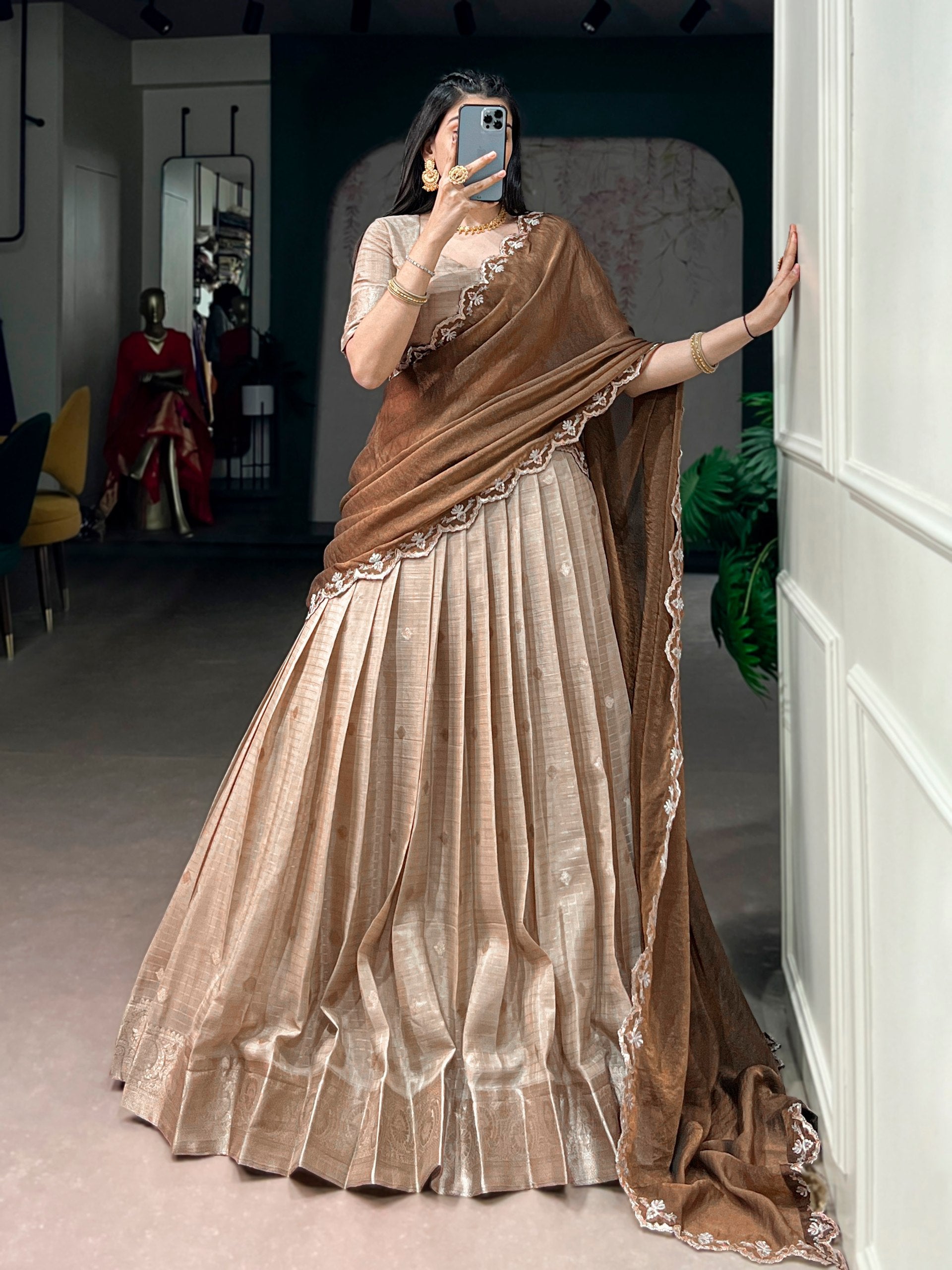 Beige Chinon Checks Langa Davani Set