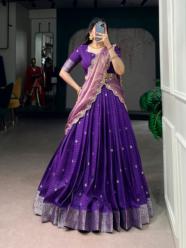 Dark Purple Chinon Checks Langa Davani Set