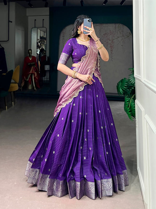 Dark Purple Chinon Checks Langa Davani Set