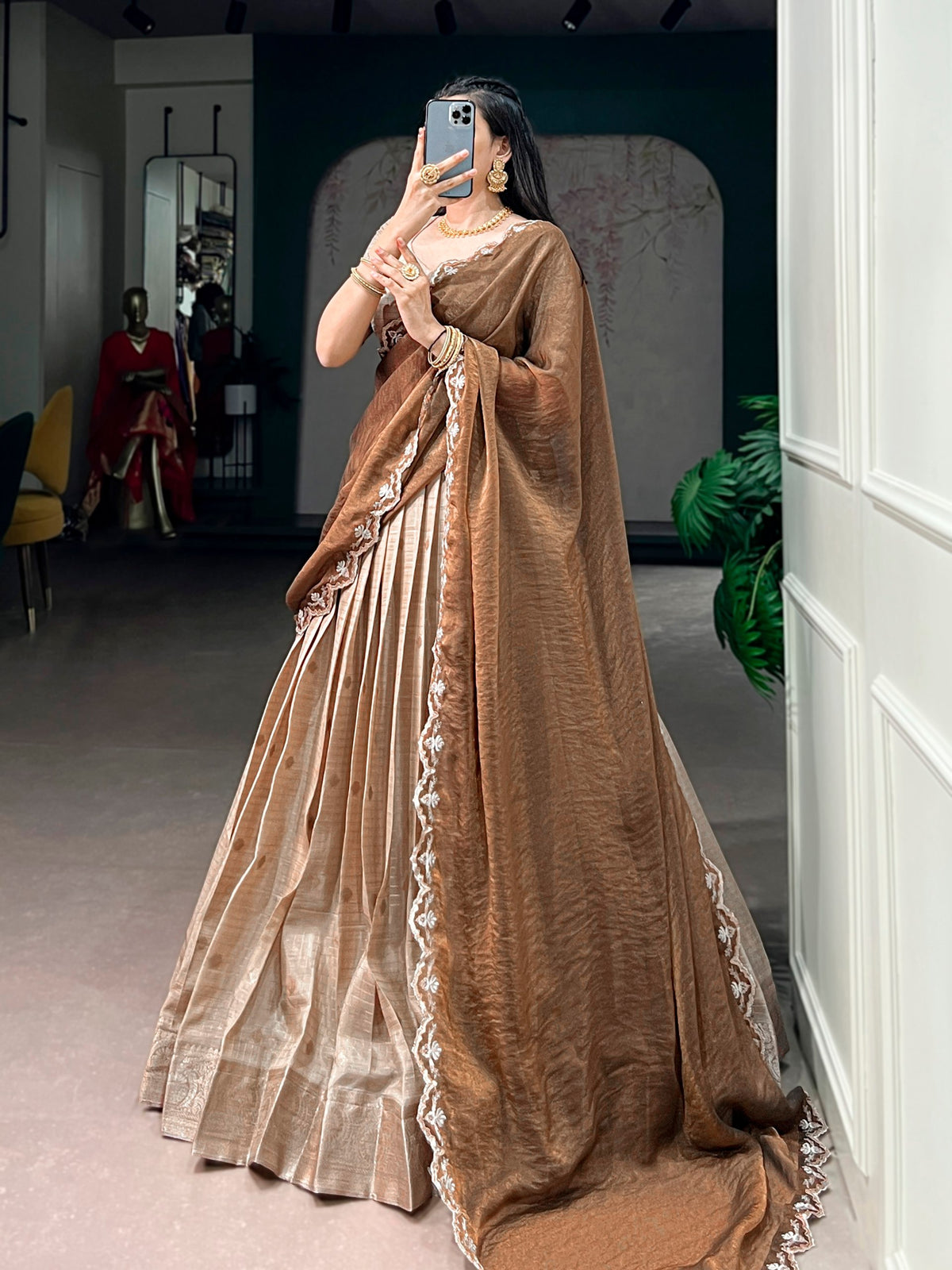 Beige Chinon Checks Langa Davani Set