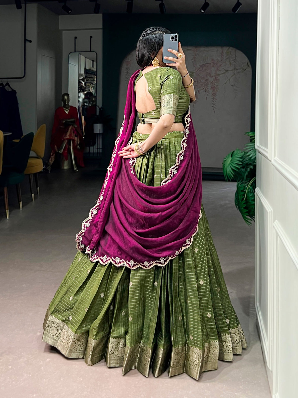 Mehndi Chinon Checks Langa Davani Set