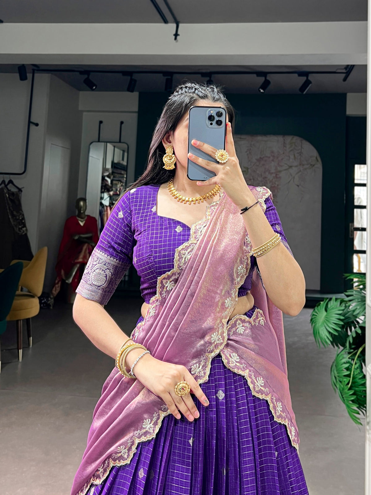 Dark Purple Chinon Checks Langa Davani Set