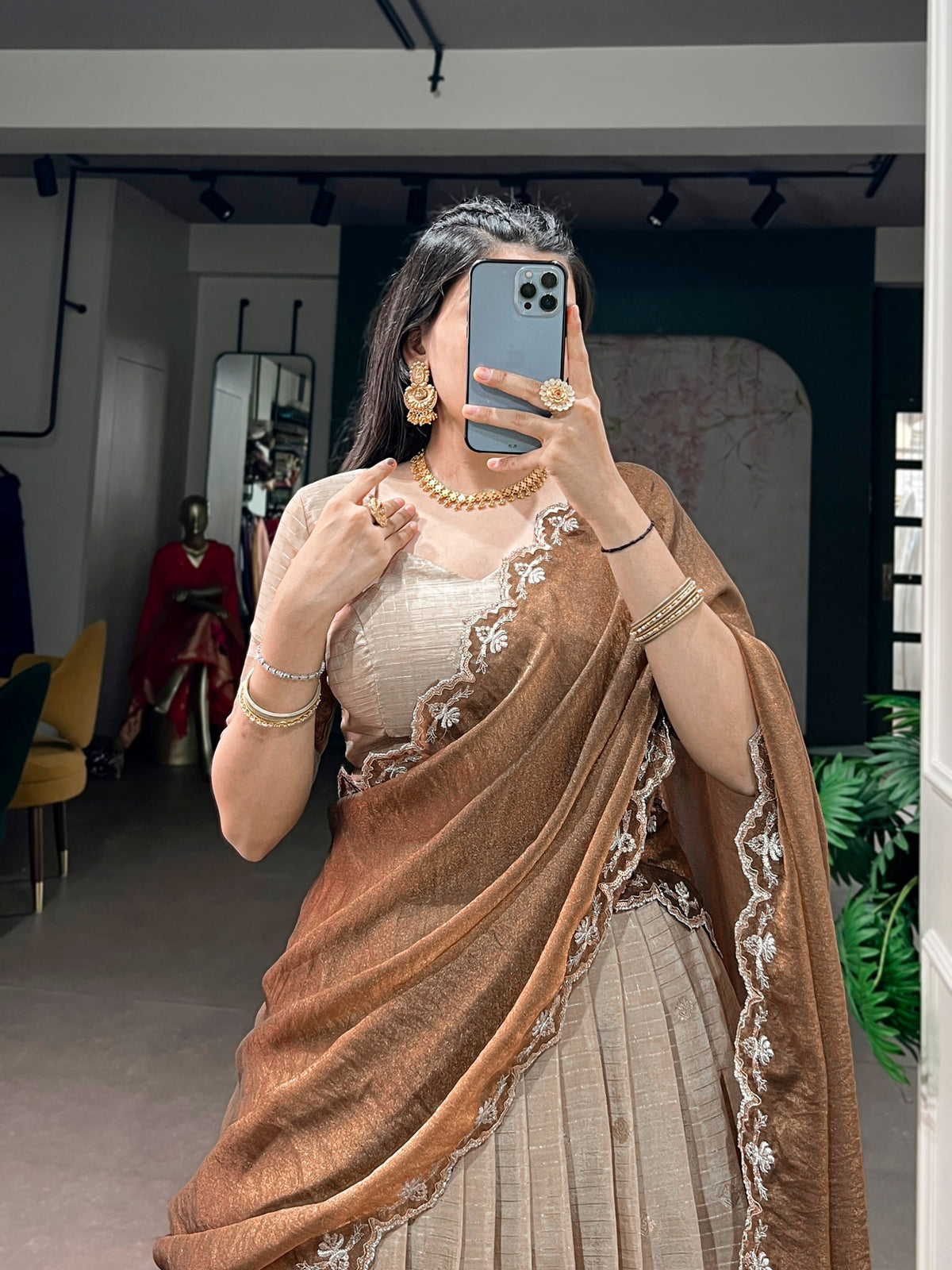 Beige Chinon Checks Langa Davani Set