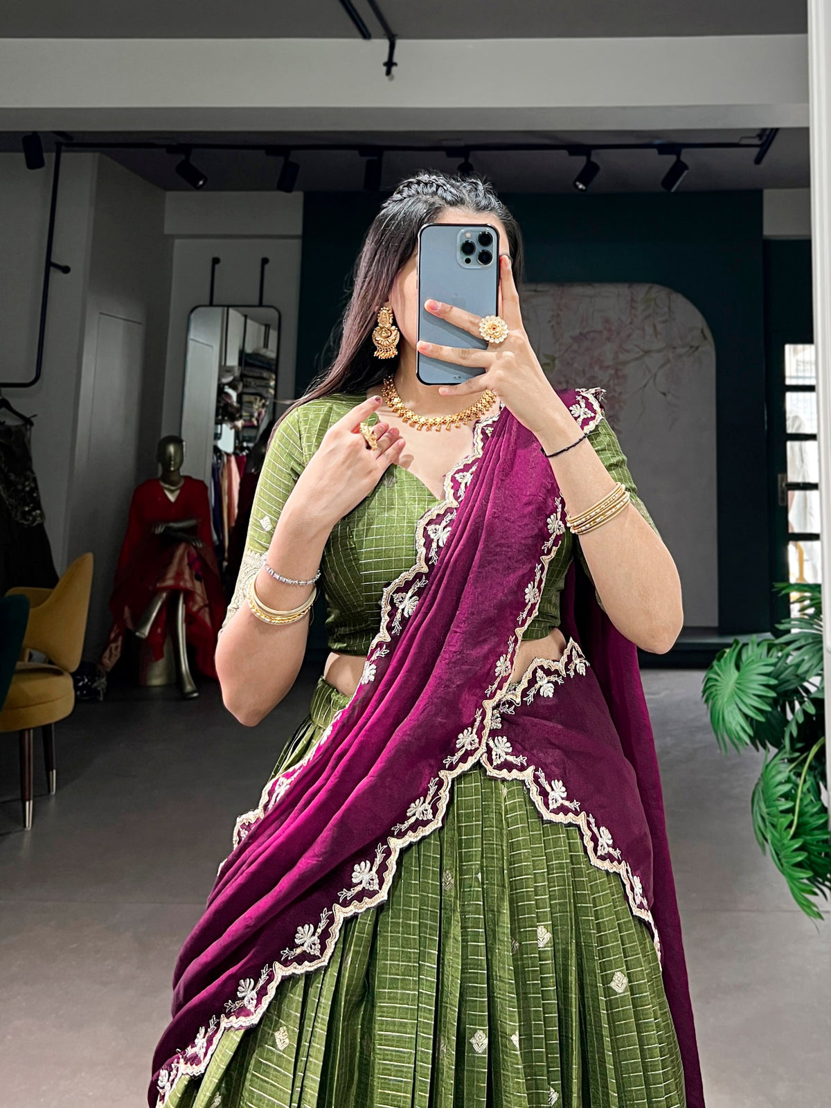 Mehndi Chinon Checks Langa Davani Set