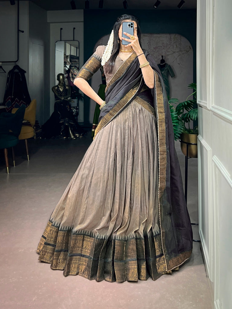 Brown Zari Woven Poly Cotton Lehenga Choli Set