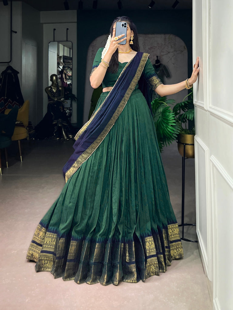Dark Green Zari Woven Poly Cotton Lehenga Choli Set