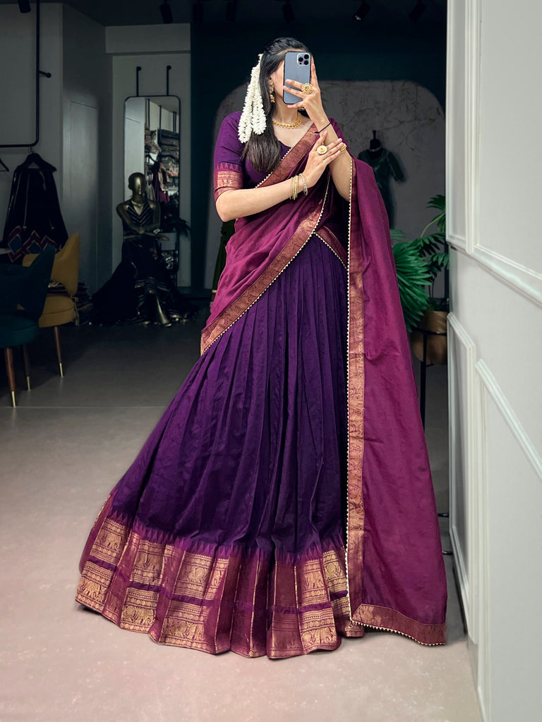 Dark Purple Zari Woven Poly Cotton Lehenga Choli Set