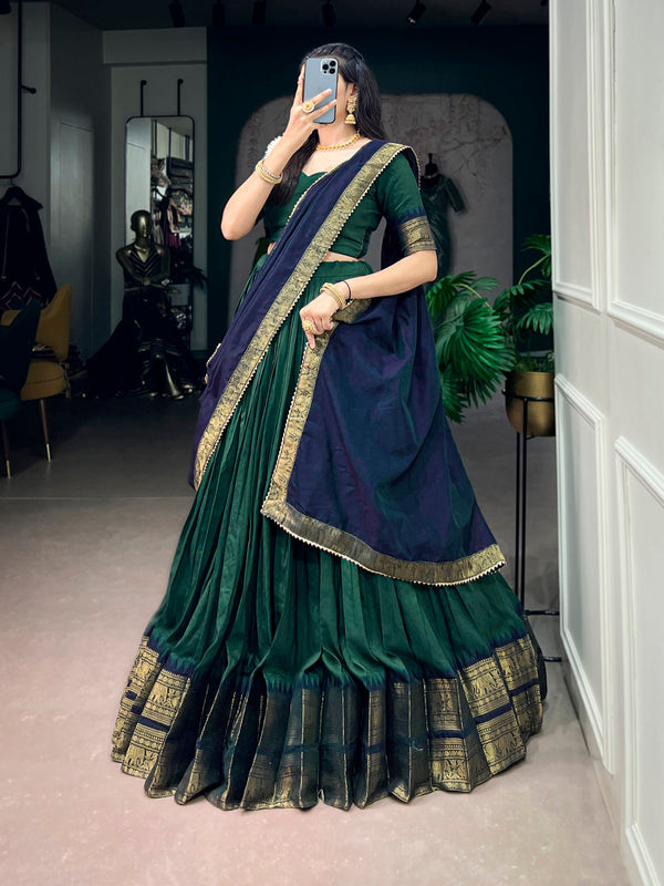 Dark Green Zari Woven Poly Cotton Lehenga Choli Set