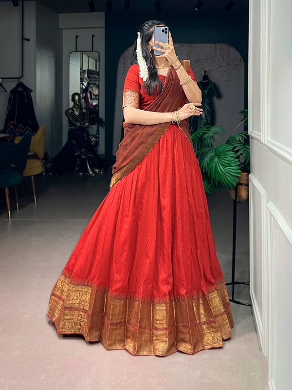 Rust Zari Woven Poly Cotton Lehenga Choli Set