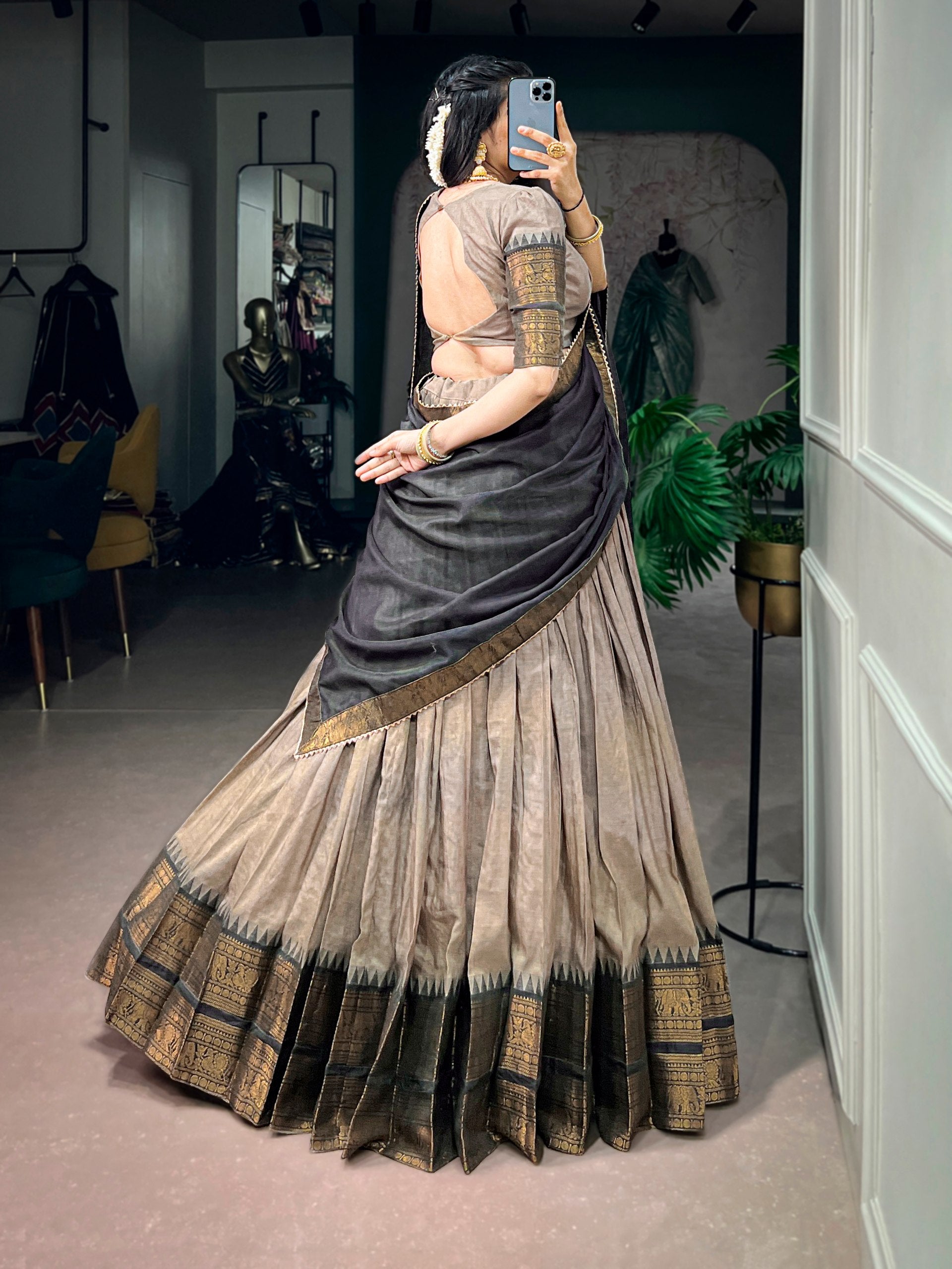 Brown Zari Woven Poly Cotton Lehenga Choli Set