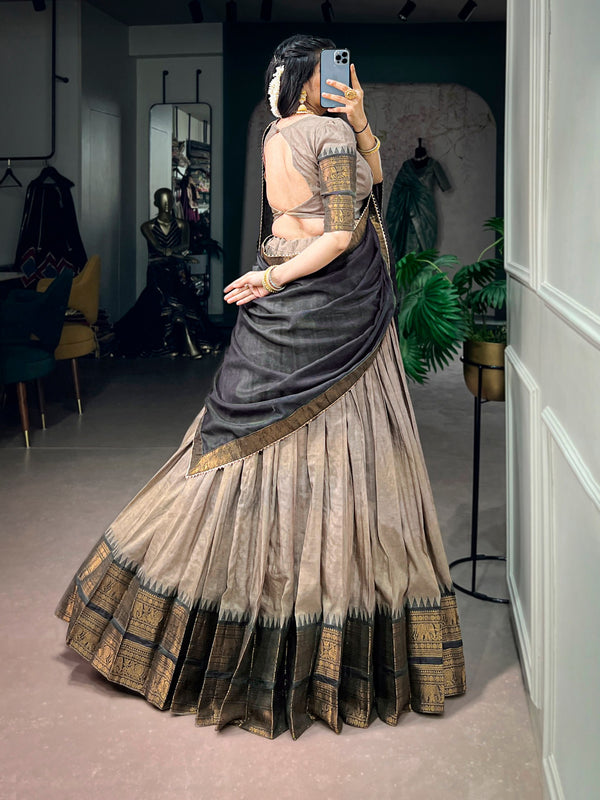 Brown Zari Woven Poly Cotton Lehenga Choli Set