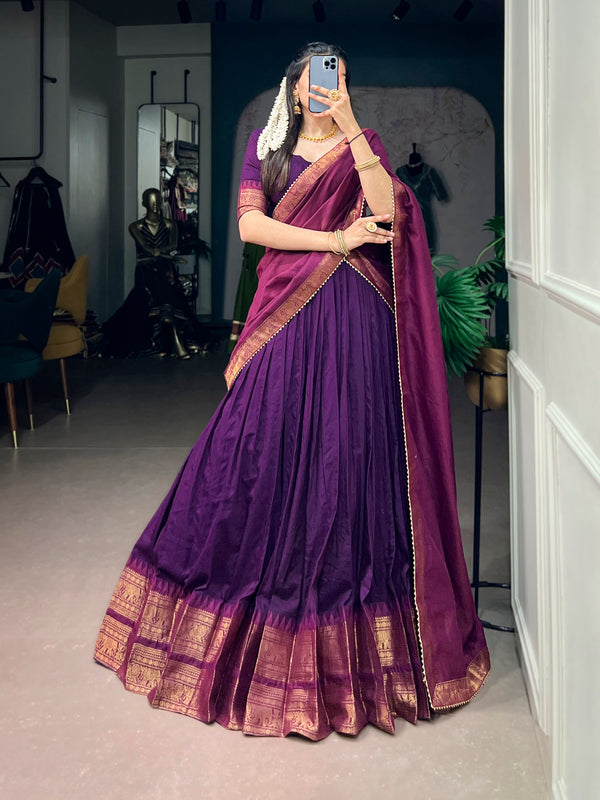 Dark Purple Zari Woven Poly Cotton Lehenga Choli Set